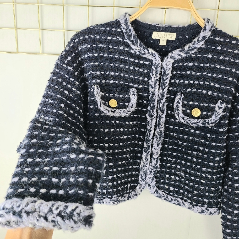 J. Crew Cropped Marled Yarn Navy Blue Merino Wool Alpaca Lady Jacket Blazer - Picture 6 of 13